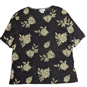 Vtg 1990s PSE Black Ivory Floral Print Stretch Nylon Jersey Short Sleeve Top 2X